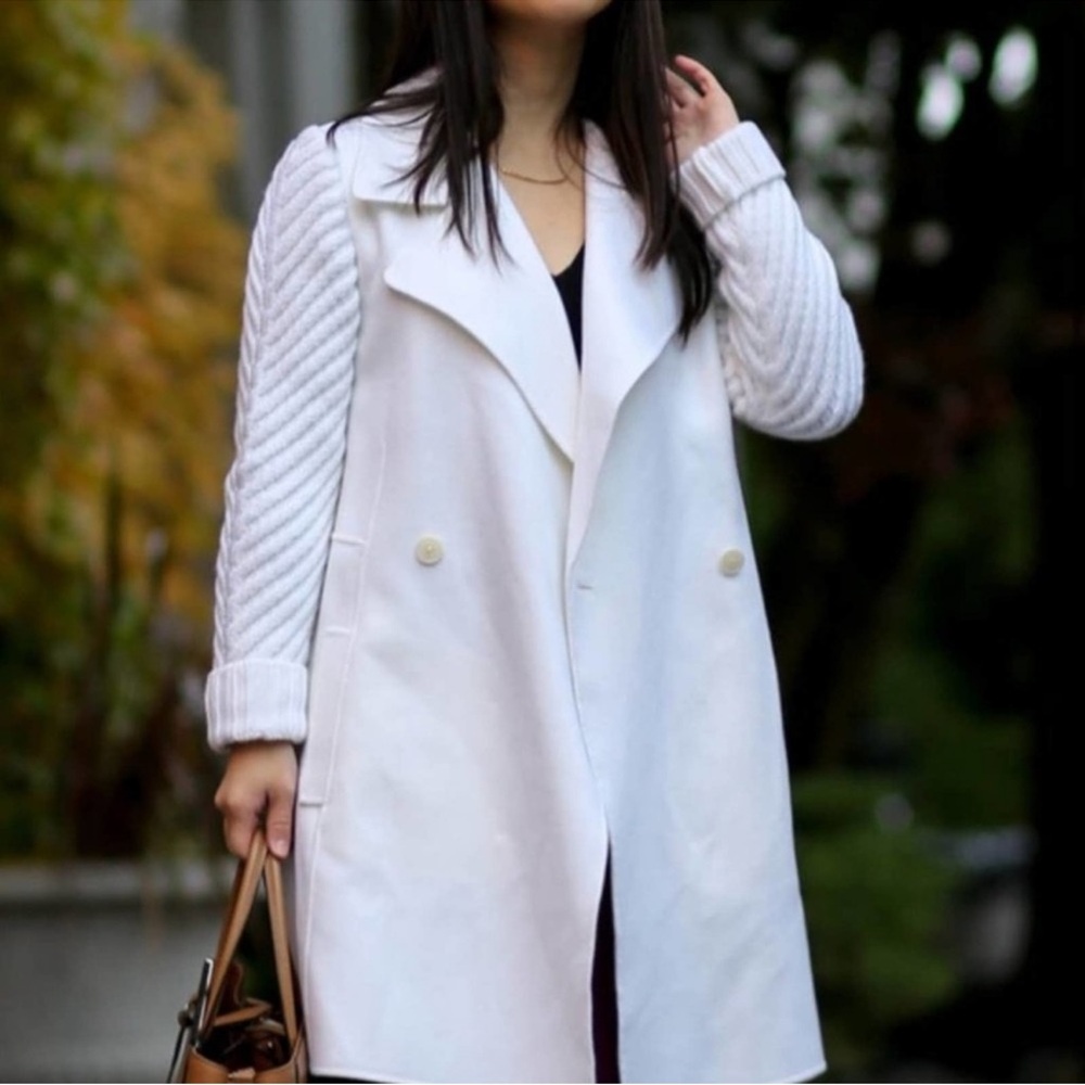 Vince Cream Wool Jacket Knit Ribbed Sleeve Double Breasted Peacoat